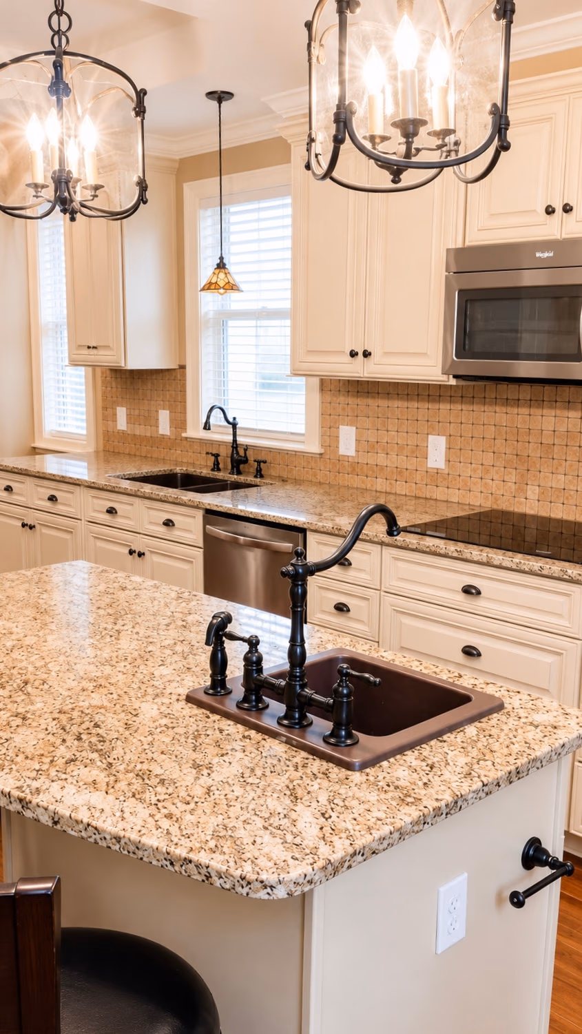 Modern kitchen with granite countertops, cream cabinets, black fixtures, and hanging light fixtures.