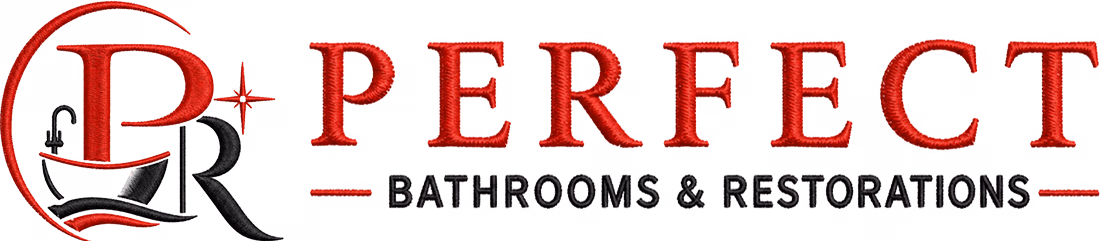 Perfect Bathrooms and Restorations Logo with red letters PR and text Perfect Bathrooms & Restorations in red and black.