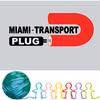 Logo with red magnet, text 'MIAMI-TRANSPORT PLUG', and colorful human figures holding hands below it.